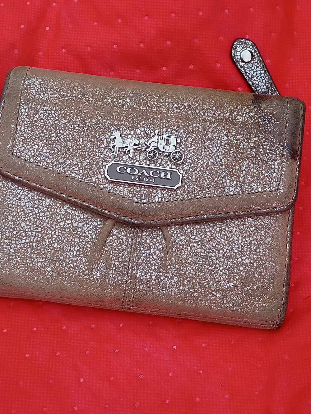 COACH Metallic Bronze Leather Wallet - Coach Logo Compact Wallet